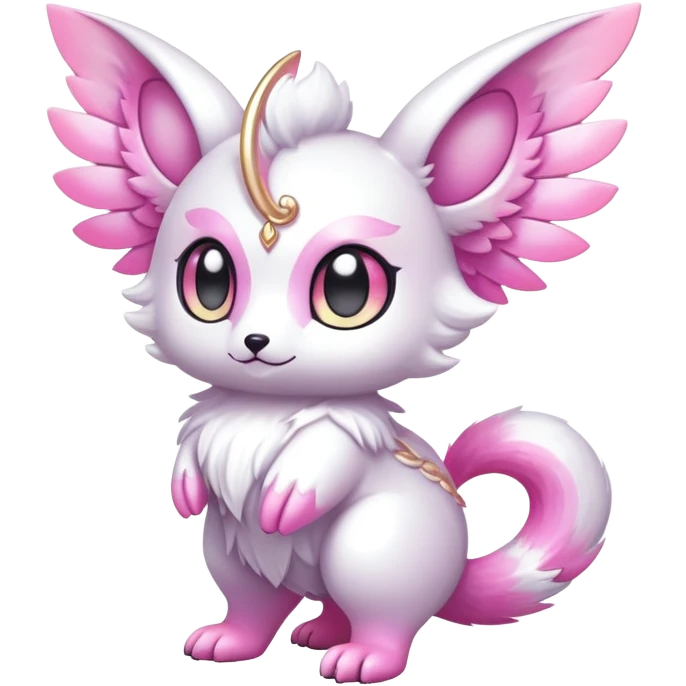 Shiny epic glittery iridescent divine white gold pink animal-fakemon-creature with head-ear-wings, cute, adorable, big eyes, fluffy tail emoji
