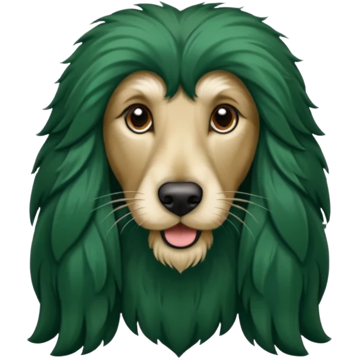 dark green dog extra furry afghan hound. The dog fur is totally dark green emoji