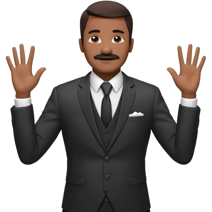 

“A confident man with medium-dark skin tone wearing a suit, tie, and vest, holding both hands up with fingers spread, making a ‘calm down’ or ‘I’m just saying’ gesture. His eyes are closed, and he has a mustache, giving a vibe of laid-back confidence or mock innocence. emoji