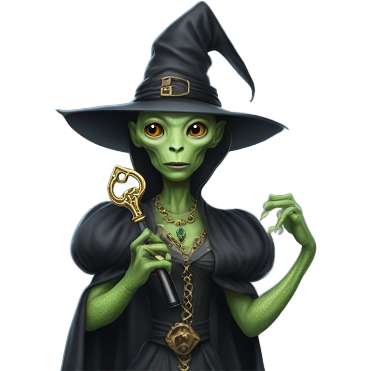 a Reptilian alien woman, as witch, holding a big key emoji