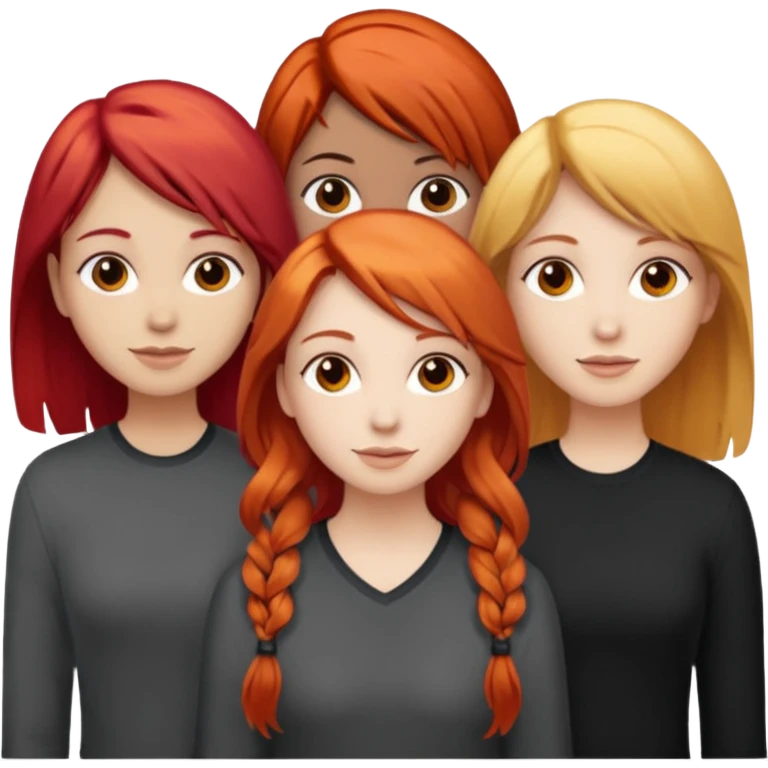 Can you create an image of 3 friends together one with red bright hair light skin one the other with brown hair with some blonde highlights in the hair fair skin the last one with light brown a tint of orange hair and black long hair with brown  emoji