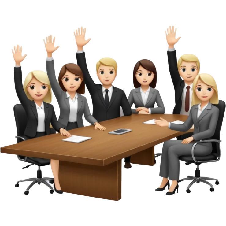 saying goodbye a group of coworkers hand up in meeting room in long rectangular table emoji