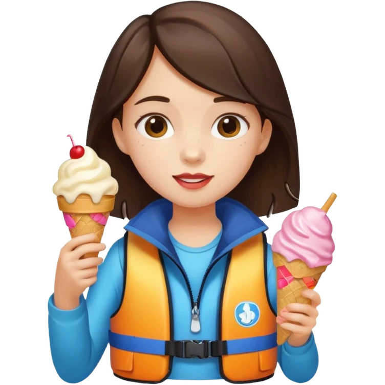 girl brunet kid wearing lifejacket, holding ice cream emoji