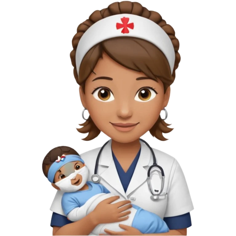 Female nurse smiling with her hair tied up in a roll on the top front of head with medium brown skin and brown eyes holding one new born with navy blue short sleeves emoji