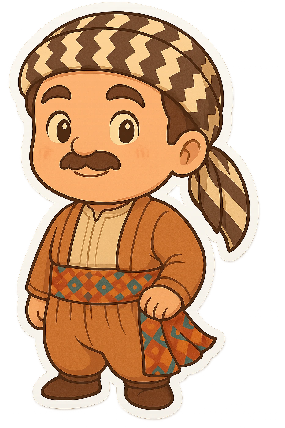 Create a chibi Kurdish cartoon sticker based on the reference image, showing a proud and happy (confident and joyful) expression. emoji