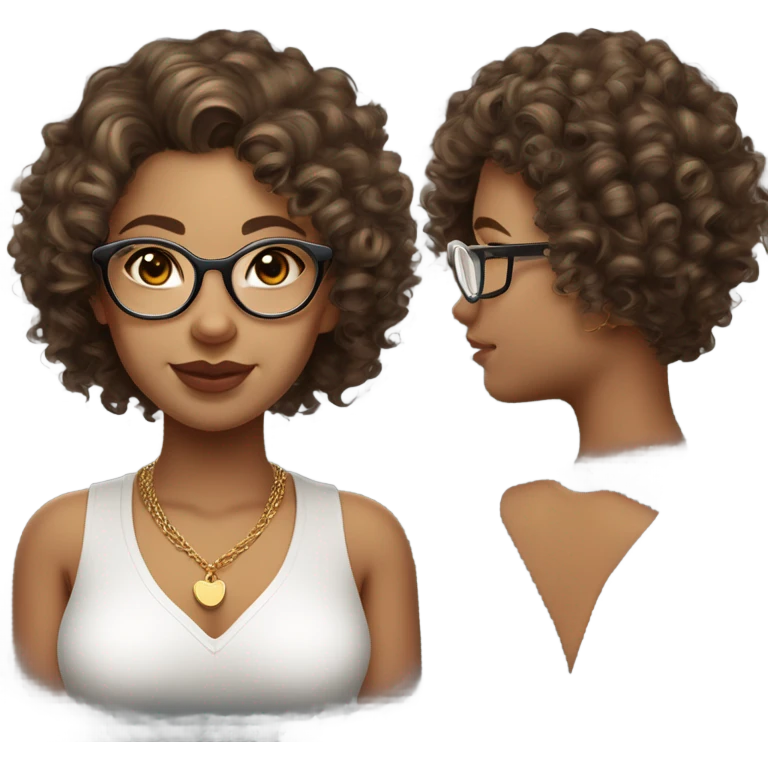 curly haired, olive skinned, girl, with transparent glasses, brown eyes and dark blonde hair with some meshes. a little curvy, oval face and plump lips. with a white bodysuits and cute gold necklace and gold earrings. emoji