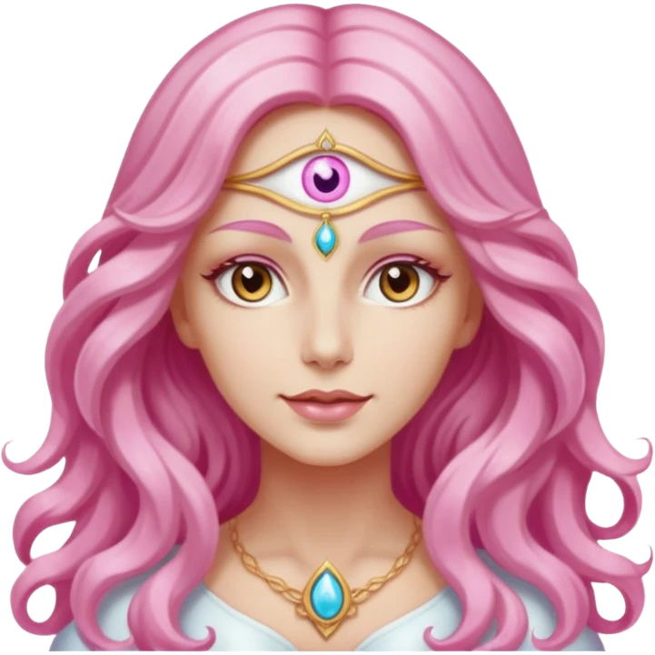 Pleiadian radiant glowing diva goddess woman female with third eye but light brown eyes and pink and white long wavy hair emoji