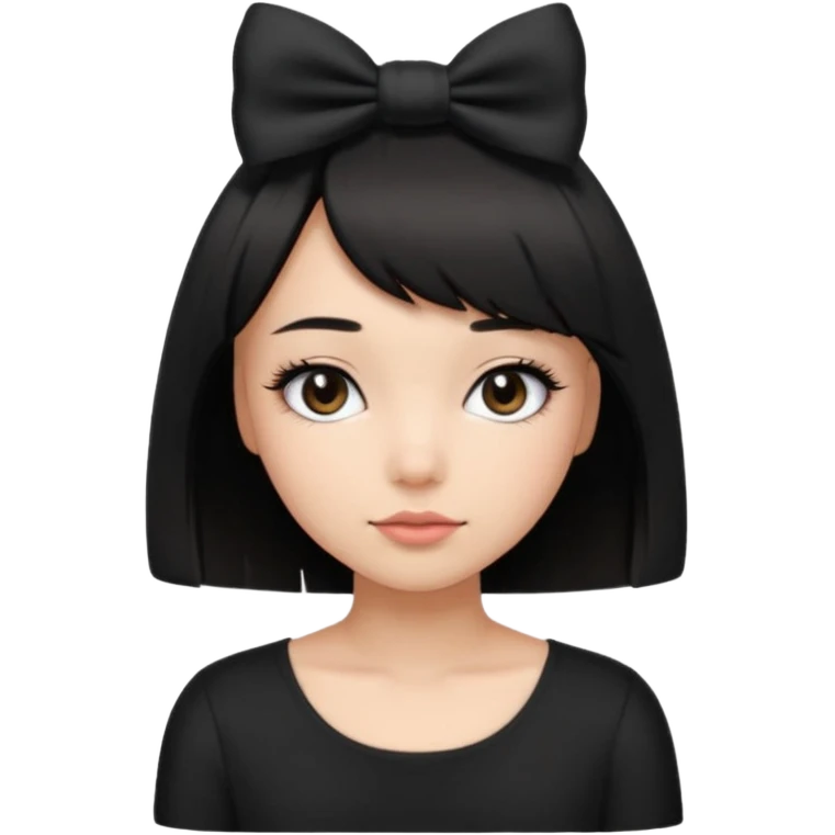 Girl with black cute bob cut with a black top and a bow on her head with long lashes emoji