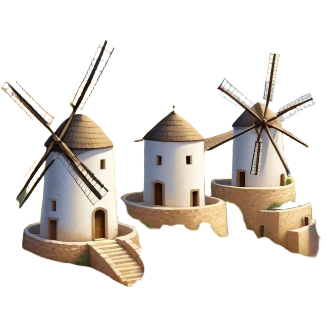 ​Cinematic Realistic Spanish Windmills (Mota del Cuervo), depicted as a cluster of gracefully aged windmills with weathered whitewashed facades and rustic wooden sails, standing proudly on a sunlit, rolling hillside of golden fields and olive groves, rendered with intricate textures and soft natural lighting that captures the timeless rural charm and historical significance of the Spanish landscape, emoji