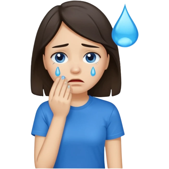 sad brunette girl crying with blue tears wearing a blue tshirt emoji