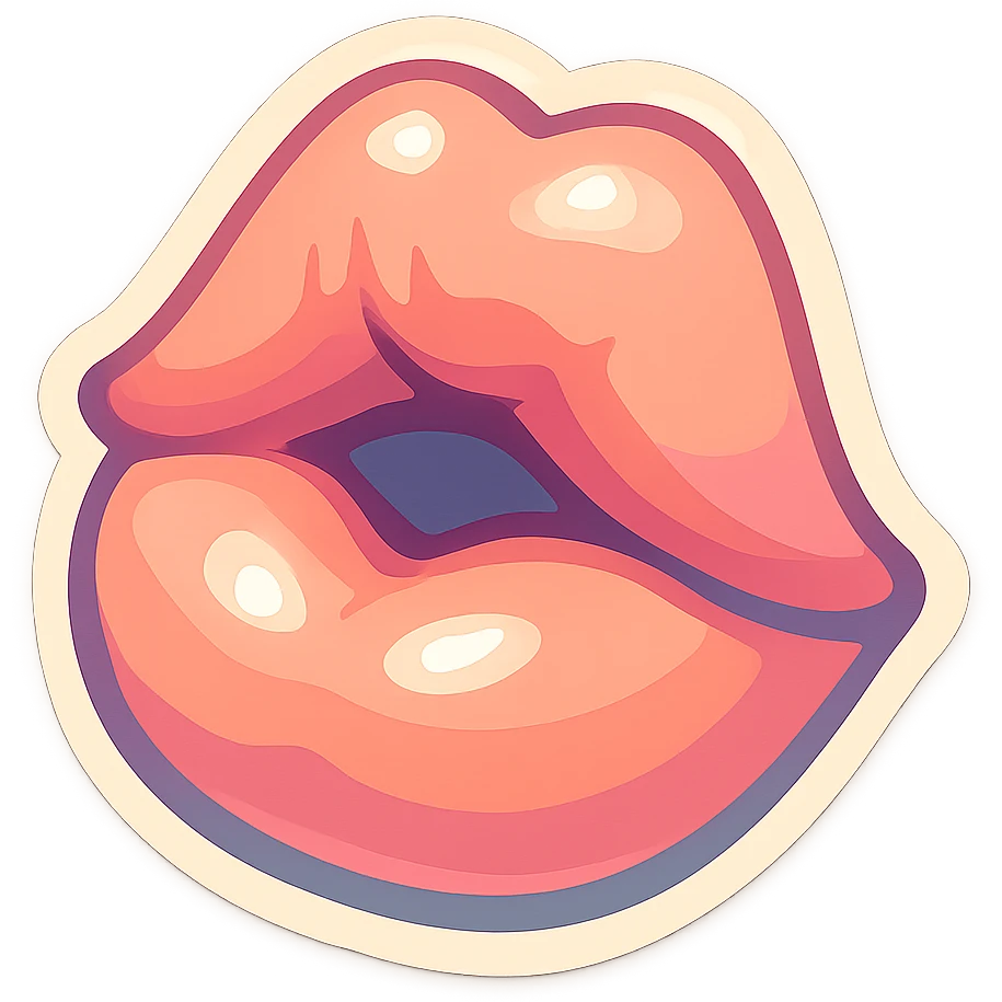 Lips with a half-open mouth kissing the screen, clear color transitions from light to dark, expressive shadows and highlights, retro-stickers style, thin clean contours, soft rounded shapes, pastel palette #98B5BC, #B5B3C1, #C9A3C9, #E4C0CA, #F7DCD1, #F7C0AA, transparent background, no decorative elements. emoji