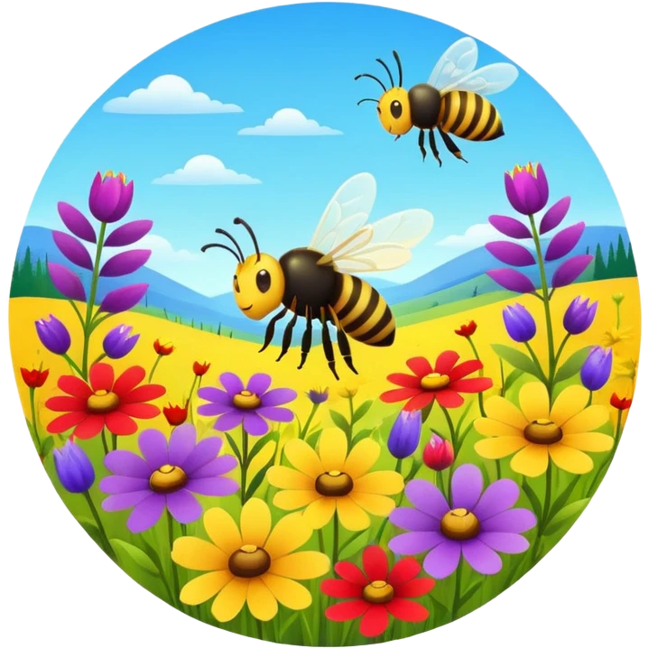 vibrant meadow with wildflowers and a buzzing bee, bright colors, rounded shapes emoji