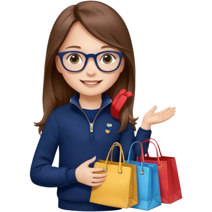 A little girl (he usually calls her baby), who is obsessed with shopping and luxury brands and holds a dozen of bags, she wears navy blue half zip sweater and holds 10 bags and she has long brown hair with Prada eyeglasses. The previous one but with eyeglasses  emoji