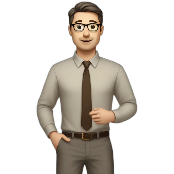 Full height Actively gesturing with hands Pale skinned fit man with dark brown hair in gray jacket, beige office shirt, brown tie, brown pants and vintage glasses. emoji