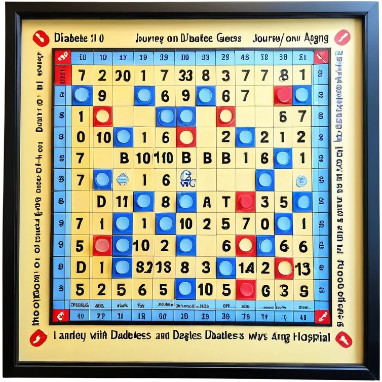 journey on a smaller area game board about Type 1 diabetes and aging, landing for hospital, a house and senior residential, advocacy, physical changes, coping skills for knowledge and ways of coping, Text: T1D to 100. Subtext: Aging with Type 1 diabetes, easy for seniors to see emoji