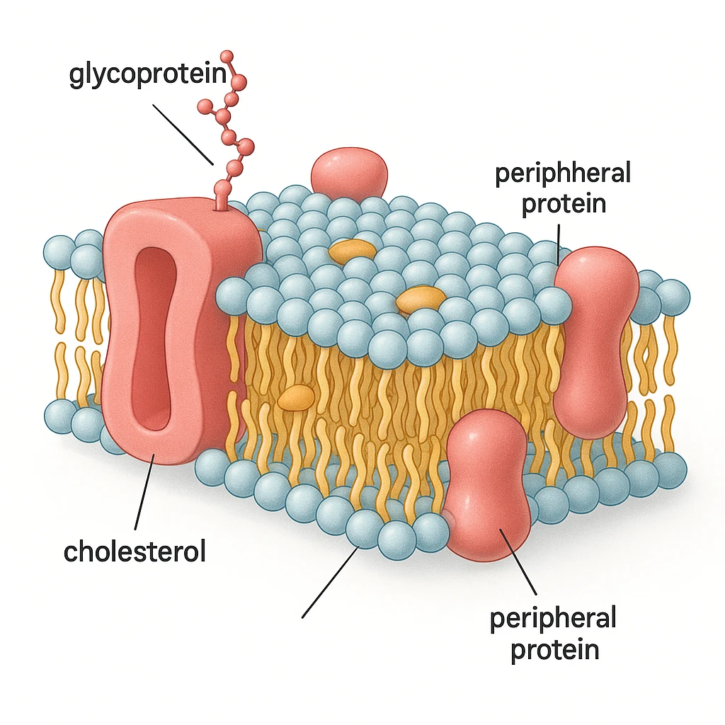 A highly detailed, scientifically accurate cross-section of a biological cell membrane (lipid bilayer) on a white background, ultra-realistic 3D illustration. Show the phospholipid bilayer with hydrophilic heads (round, polar) facing outward and hydrophobic tails (chains) inside. Include embedded proteins (integral and peripheral), cholesterol molecules (small, rigid), glycoproteins with sugar chains, and ion channels. The style should be clean, lab-textbook style, with subtle shadows and depth. Use a color scheme: light blue for hydrophilic heads, yellow for hydrophobic tails, red/pink for proteins, and orange for cholesterol. Microscope-like precision, no artistic stylization. Educational diagram of the Fluid Mosaic Model, cross-sectional view with labels for 'glycoprotein', 'cholesterol', and 'peripheral protein', vector graphic style. emoji