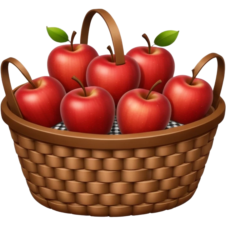 woven basket with apples and white checkered cloth, brown emoji