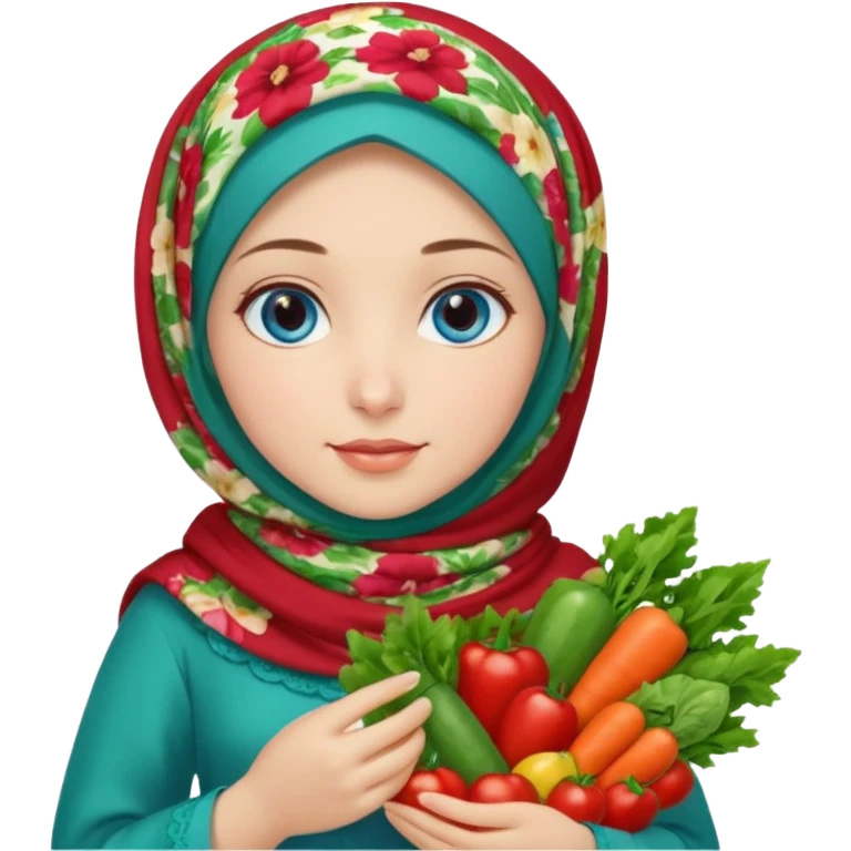 Turkish beautiful finish Konya girl blue eyes with floral mix hijab and green red dress and she had on her hand vegetables  emoji