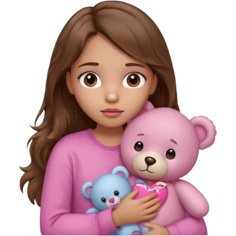 girl with long wavy brown hair, brown eyes, light to medium complexion, in a pink shirt, pink lips, long lashes, sad, hugging squeezing a teddy bear with bandaid hearts emoji