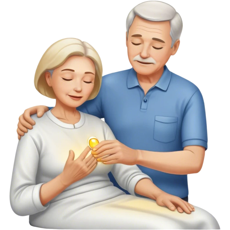 60-year-old white man massaging 60-year-old woman using oil emoji