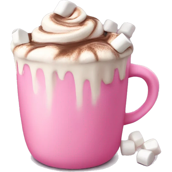 Hot chocolate in pink cup with cream and marshmallows emoji