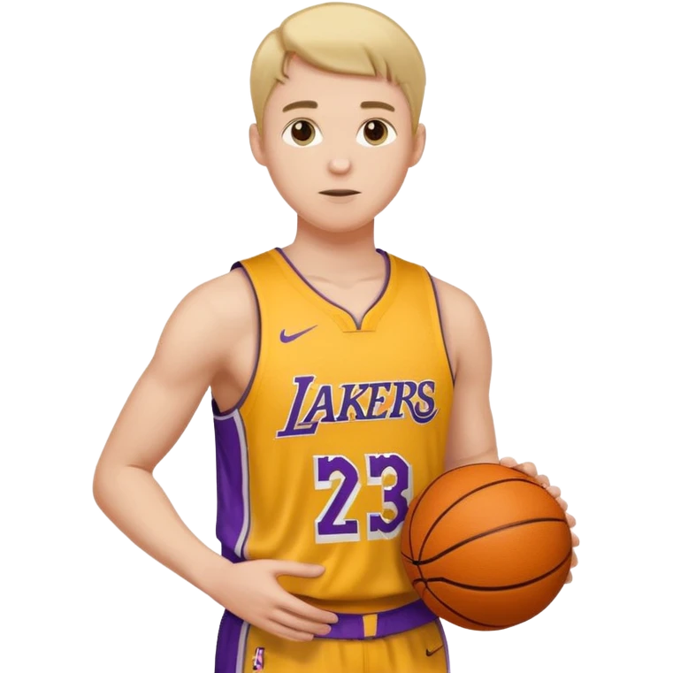 Joven con color de piel claro con uniforme de basquetball laker sosteniendo una pelota de basquet emoji