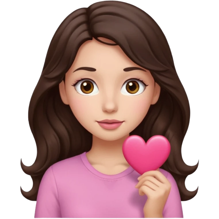 Can you show me an emoji of a girl with long wavy dark brown hair,brown eyes with long eyelashes, heart mixed with square shaped face, normal lips, wider nose then usual but still small, light blush and a pink tight shirt,kinda cartoonish emoji too  emoji