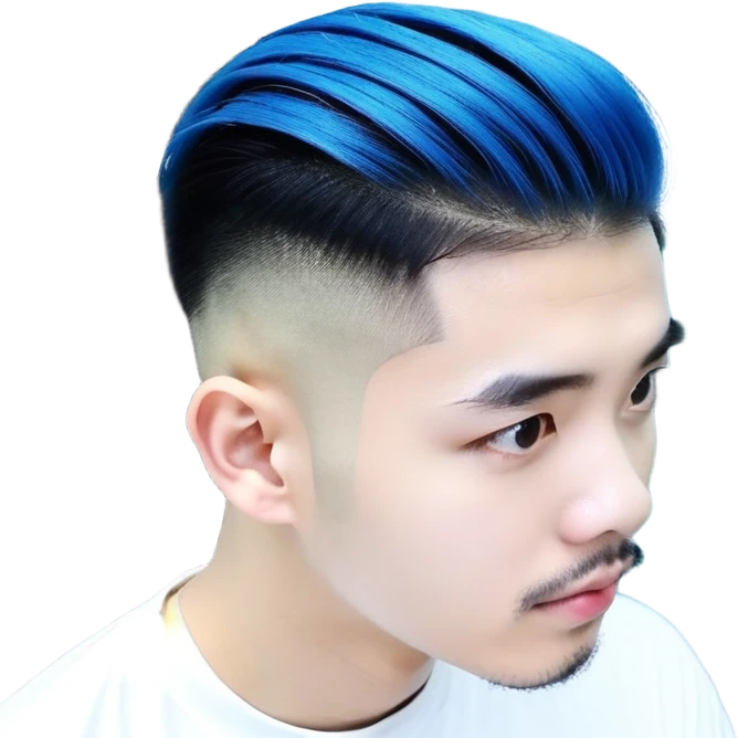 Nam 15 tuổi, da trắng, tóc under cut màu xanh lá cây vuốt ngược ra sau, mắt đen, áo khoác da màu cam , bên trong mặc áo cộc tay màu trắng, mặt ngầu emoji