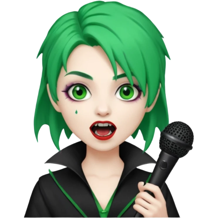 green haired, vampire makeup,holding microphone, singing emoji