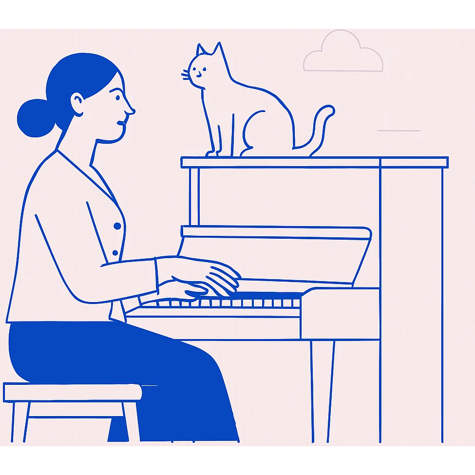 woman playing piano while her cat sits on top of the piano emoji