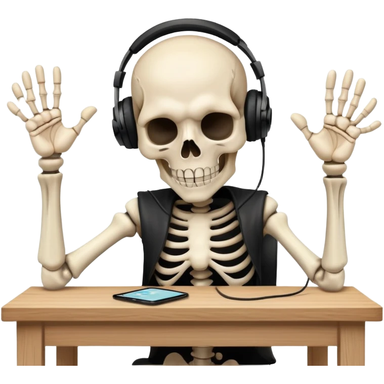 Mad skeleton at desk with black headphones on slamming his hand into his desk emoji