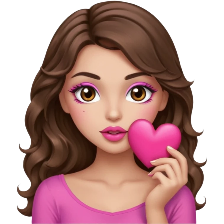 girl with long wavy brown hair, brown eyes, long lashes makeup, sexy pink lips, light to medium complexion, wearing a pink sexy top, sexy , puckering, blushing, kissing a heart sexy emoji