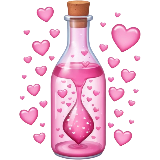 love spell. A cartoon a cute glass bottle with pink liquid, labeled “obsessed”, with hearts and sparkles swirling around. light pink dreamy vibe emoji