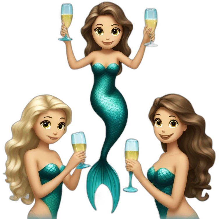 3 mermaids (2 brown hair with brown eyes and 1 blond with blue eyes) drinking champagne emoji