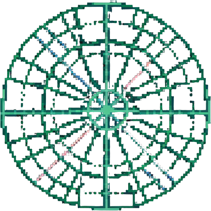 network in a circular blue form with non-blue boxes at intersection points emoji