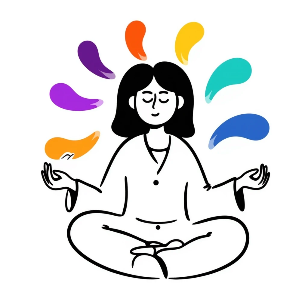 A person in a peaceful meditation pose with colorful rainbow waves of calmness radiating outward, representing mindfulness and stress relief. Vibrant hand-drawn doodle style with purples, blues, and warm tones. emoji
