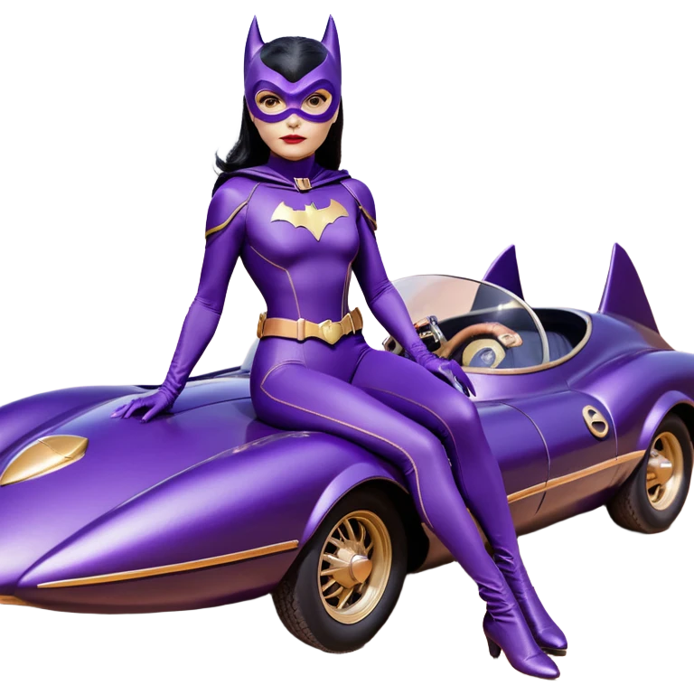  proportionally correct, real-appearance racing BatGirl’s feminine midnight-purple tight outfit sixty’s tv show 2032 stealth retro cat burglar sporty petite off-road pursuit hovering black hover cruiser car rose gold accents (black hair,reclined and relaxed seating position and attitude) desert emoji