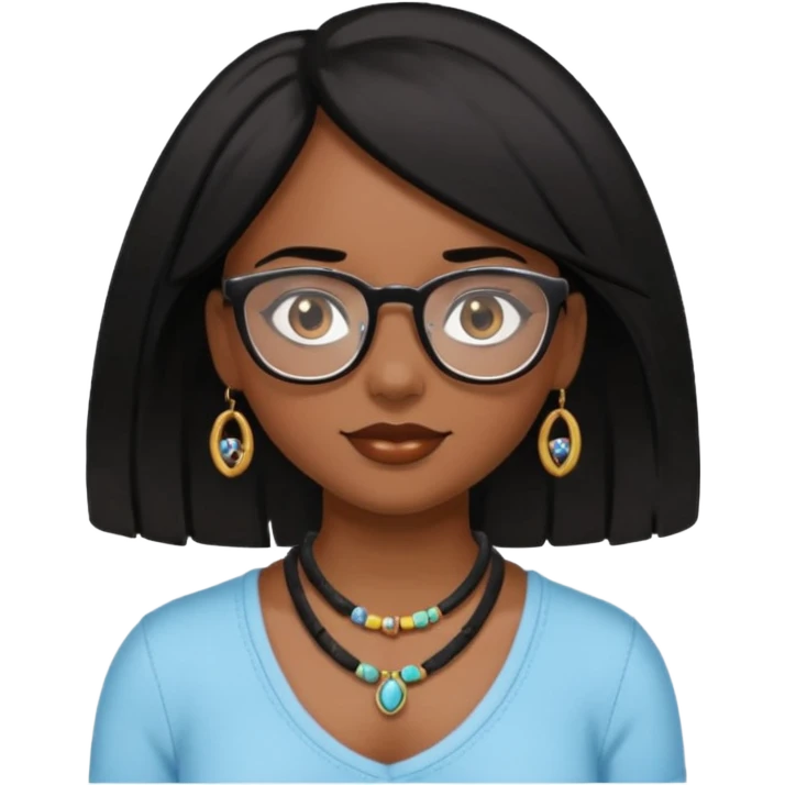 Black girl, with medium length black hair, one hazel eye and one dark brown eye,with glasses,with a necklace,bracelets emoji