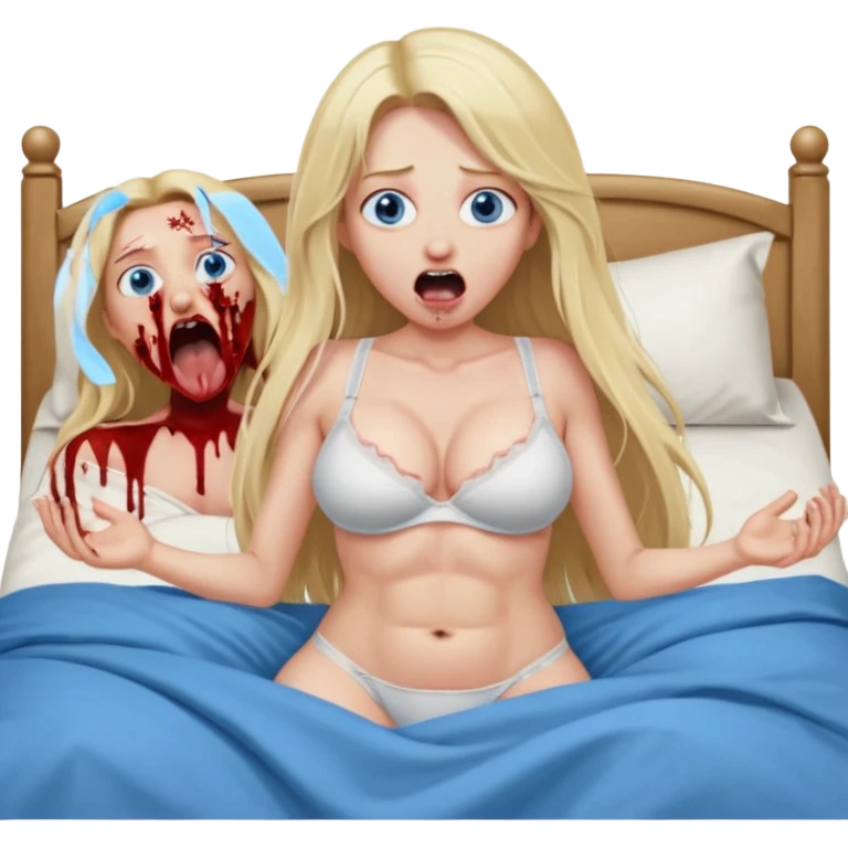 Blonde baddie with very longhair blue eyes   lay in a bed in underwear sie hat angst und guckterschrocken mit verdrehten Augen offenen Mund Zunge raus Bauch aufgebläht und Bettlacken blutig ihre Brüste unnatürlich riesengroß.ein großer Mann war das, der sie festhält und bauch aufpumpt orgasmus  emoji
