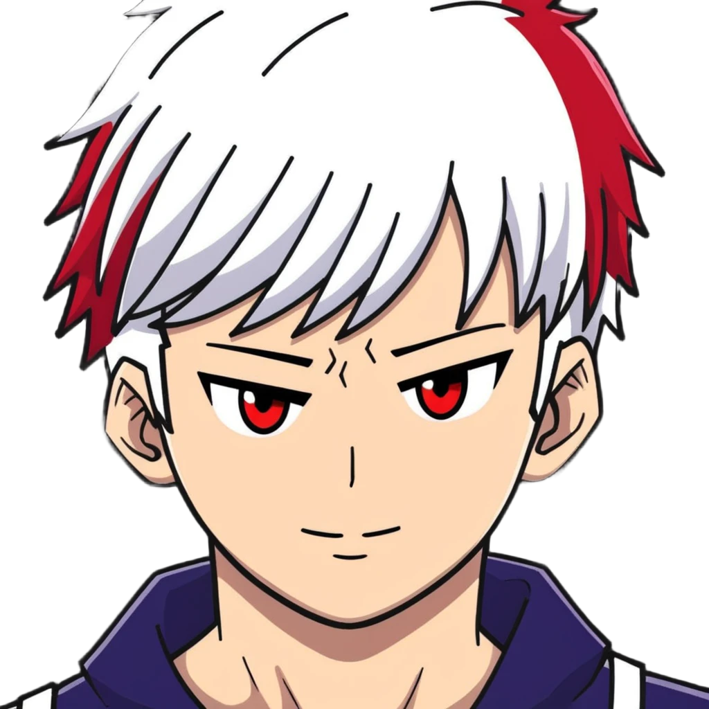Shoto Todoroki face portrait, half red half white hair, different colored eyes, facial burn scar, neutral expression emoji
