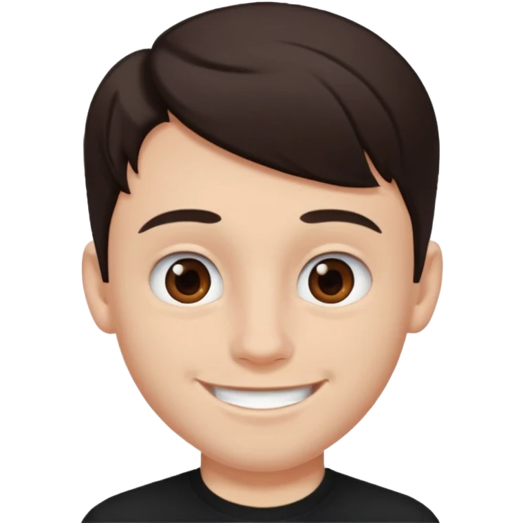 a white boy with dark brown hair, brown eyes, black septum nose piercing, black shirt emoji