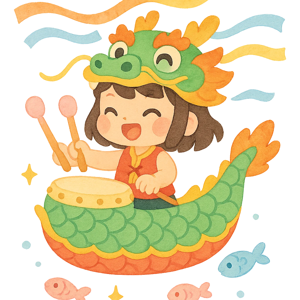 A chibi girl dressed as a dragon boat drummer, holding soft pastel drumsticks, standing in a fluffy dragon boat, colorful festival ribbons flying, sparkles and cute mini fish swimming below, soft pastel colors, watercolor texture, transparent background emoji