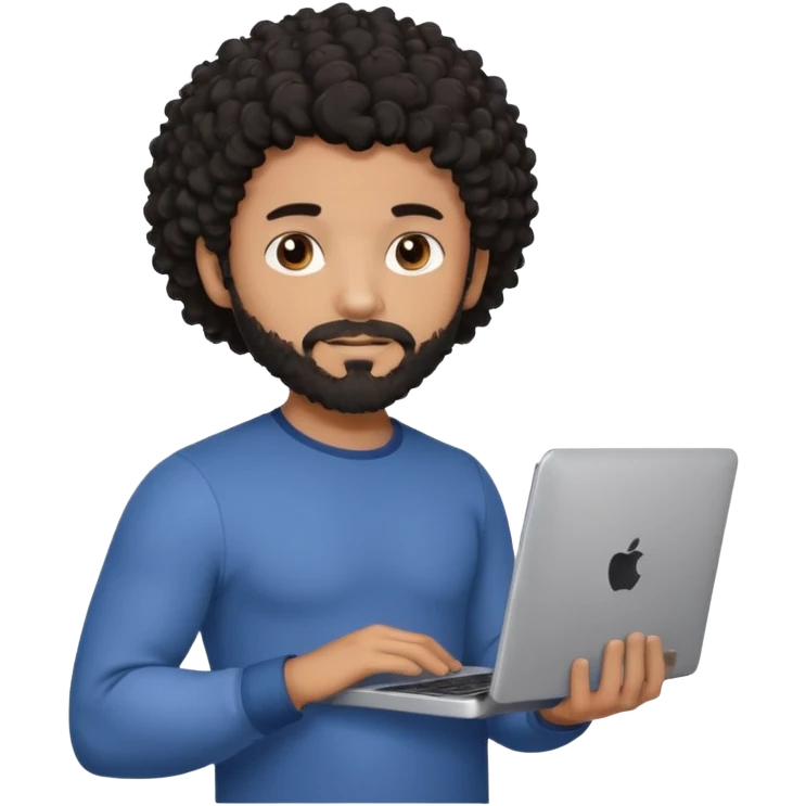 men holding his computer in hands. light brown skin men with curly black hair, dark brown eyes, little grown beard. ust a tiny bit muscular. dressed casual. round face. emoji