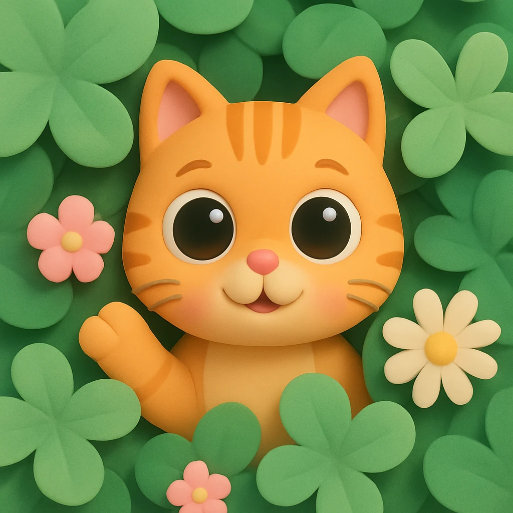 3D iOS style emoji of a cat surrounded by green clover leaves and flowers, similar to the reference image but in a 3D iOS style and in my style emoji