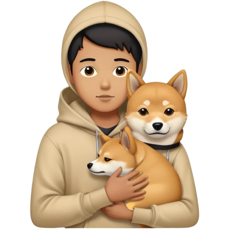 boy beige hoodie cuddling Shiba Inu and a black Shiba Inu emoji