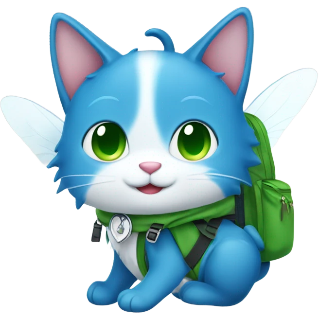 happy fairy tail blue cat with white wings and green backpack  emoji