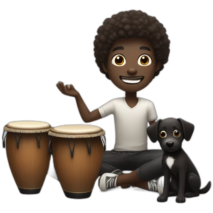 Dark skin guy with slightly receiding hair. Smiling playing bongos. With a black dog with brown spots, next to him  emoji