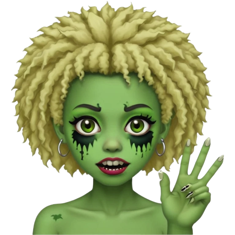 girl, green zombie,blonde afro, medium long, shaggy, dark, spooky,double eyebrow dermal piercing, two fingers up emoji