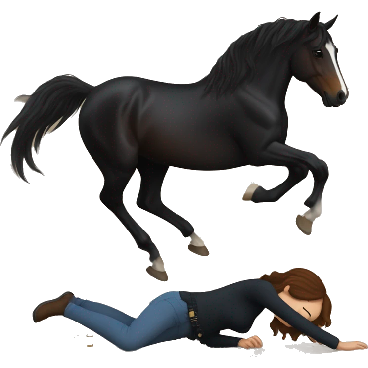 The girl with brown hair is falling on the ground. The black horse is standing emoji
