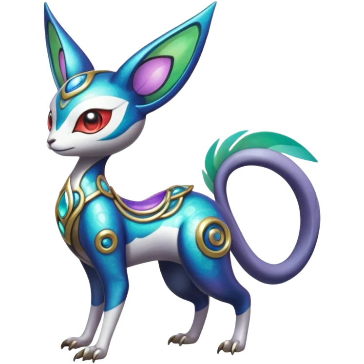 Shiny Colorful Futuristic Ornate Oriental Painted Asian Vernid-Trico-Meloetta-Latias-Koraidon-Peppercat-Protogen-Pokémon-Digimon-Fakémon-fusion-hybrid-creature emoji